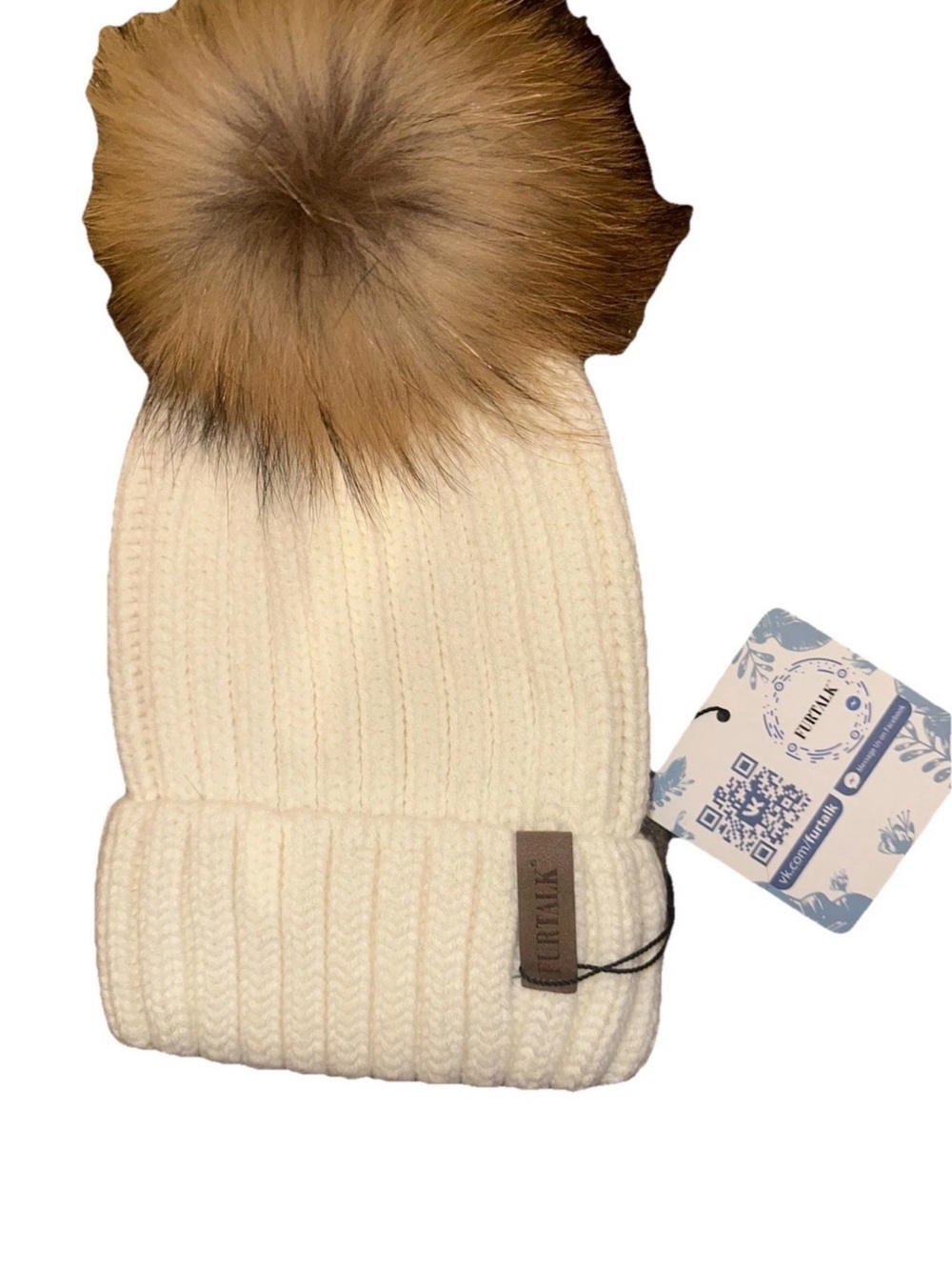 Women’s Cream Knit Pom Beanie with Faux Fur Pom